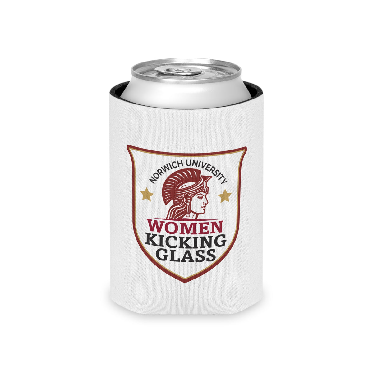 Women Kicking Glass Can Cooler — Norwich University Shield Koozie