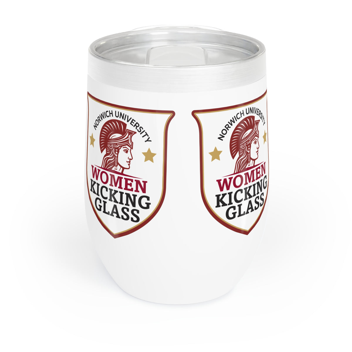 Norwich University Women Kicking Glass Wine Tumbler – 12 oz Insulated Stemless | WKG Shield