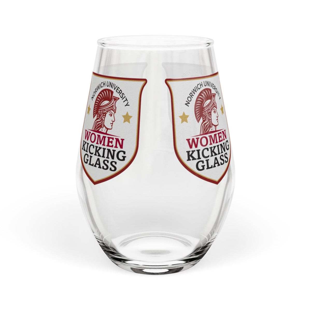 Norwich University Women Kicking Glass Stemless Wine Glass – WKG Shield | 11.75 oz