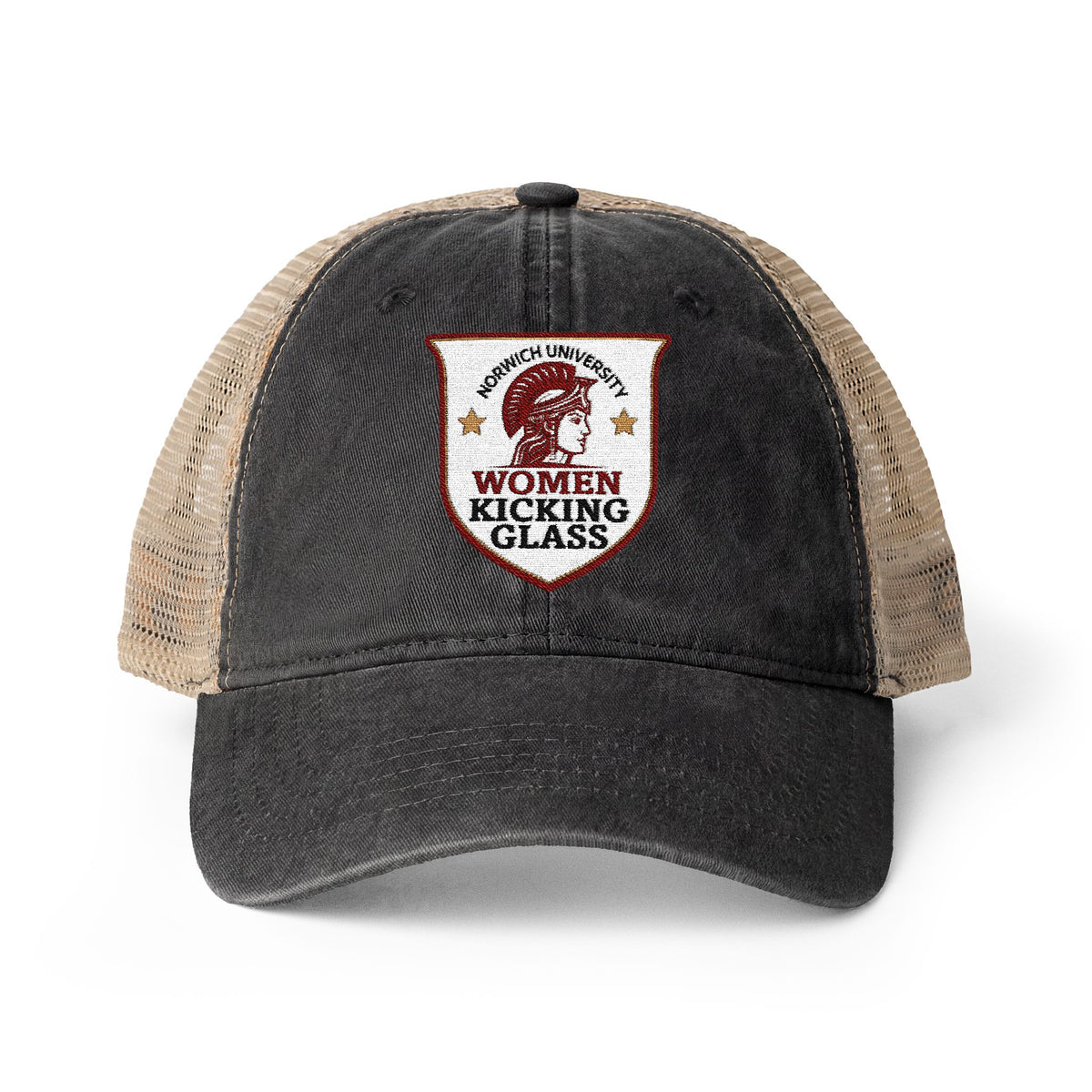 Women Kicking Glass Embroidered Washed Mesh-Back Cap