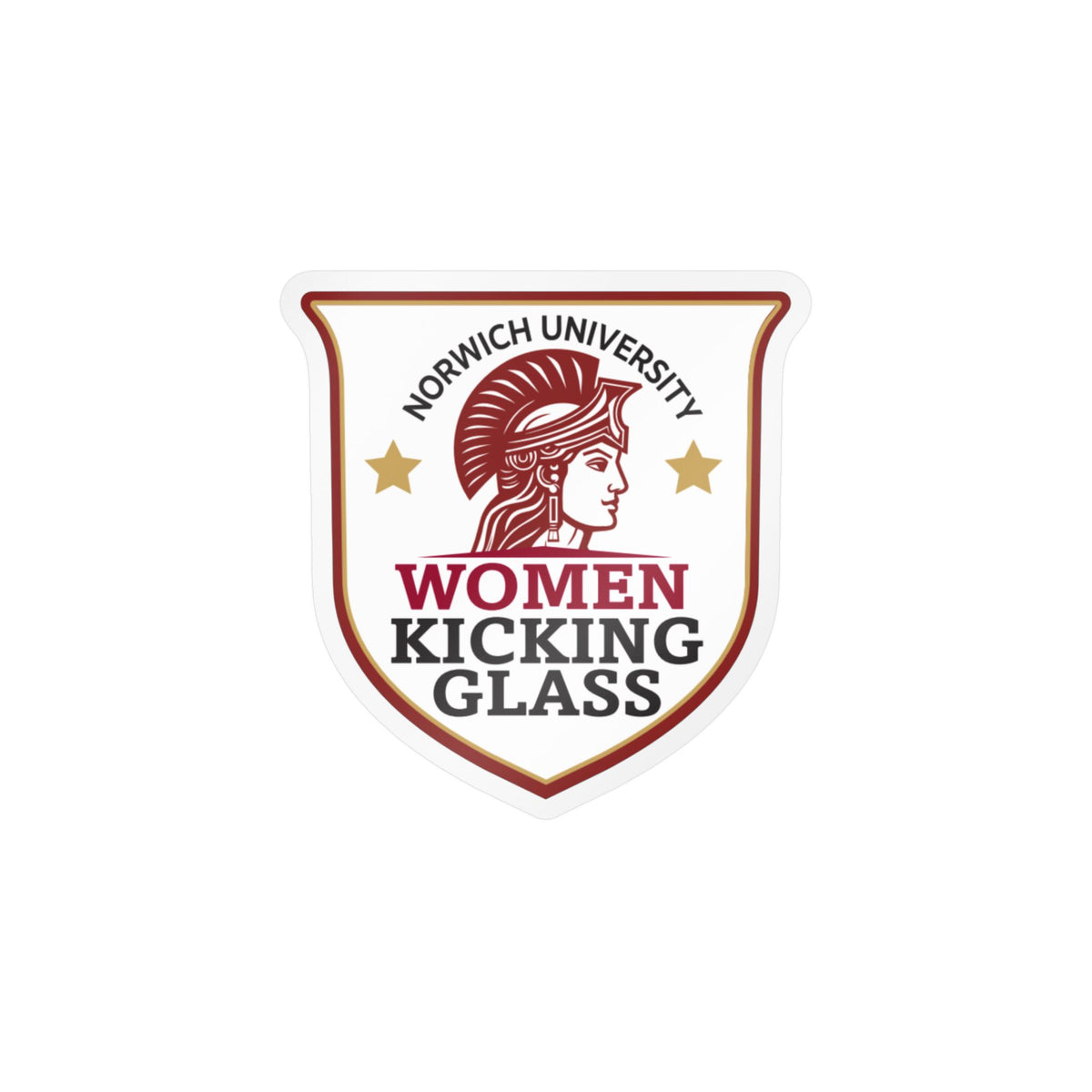 Norwich University Women Kicking Glass Shield Vinyl Sticker — WKG Kiss-Cut Decal | Satin, Glossy, Clear & Holographic