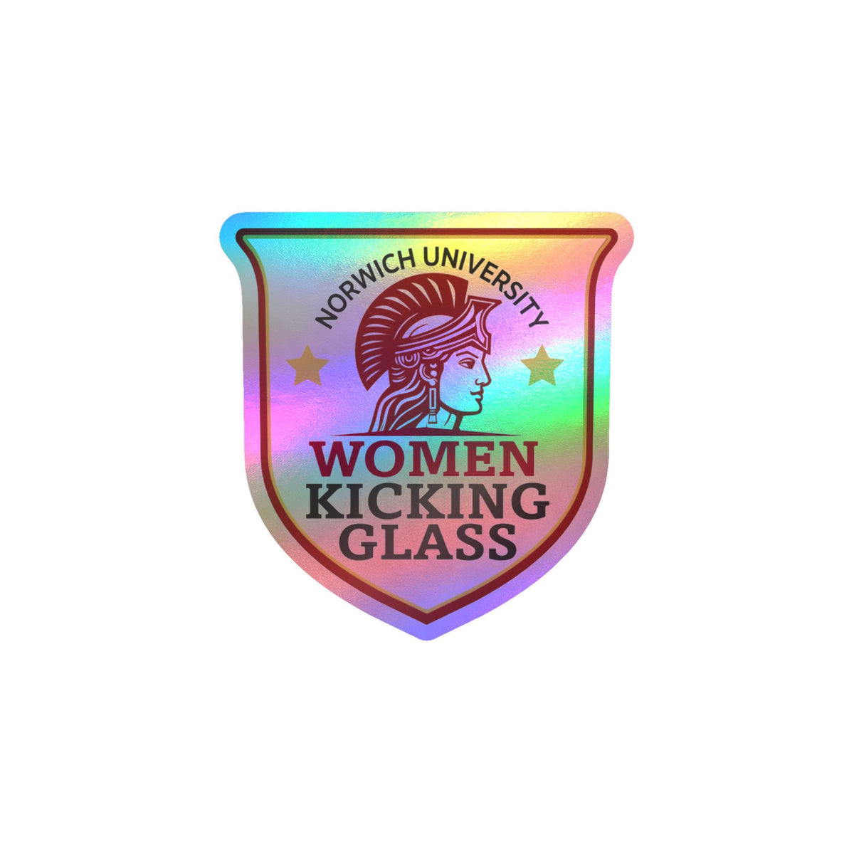 Norwich University Women Kicking Glass Shield Vinyl Sticker — WKG Kiss-Cut Decal | Satin, Glossy, Clear & Holographic