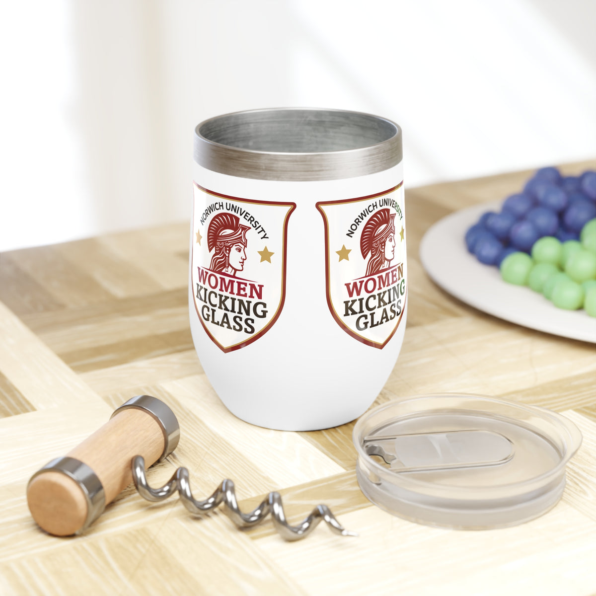 Norwich University Women Kicking Glass Wine Tumbler – 12 oz Insulated Stemless | WKG Shield