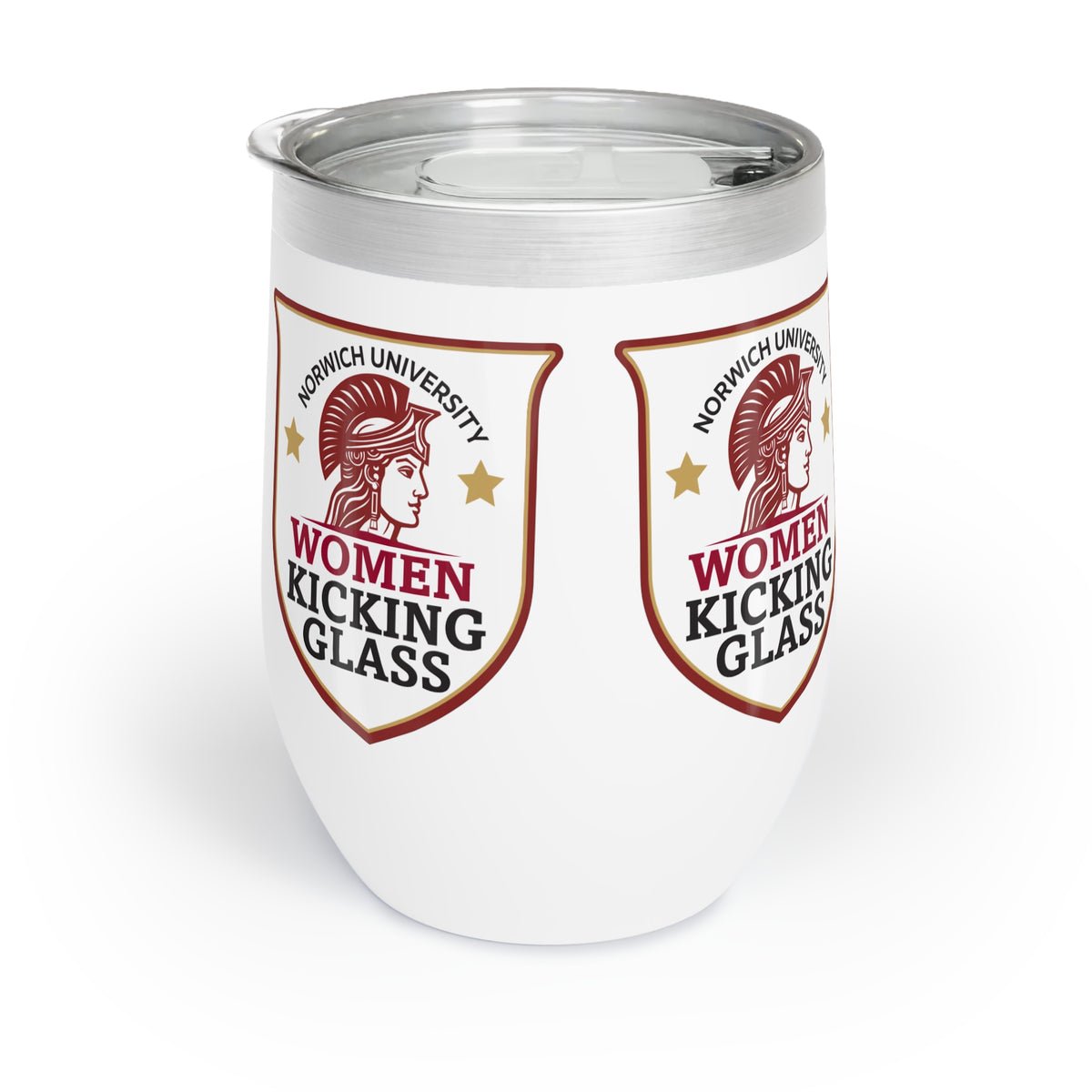 Norwich University Women Kicking Glass Wine Tumbler – 12 oz Insulated Stemless | WKG Shield