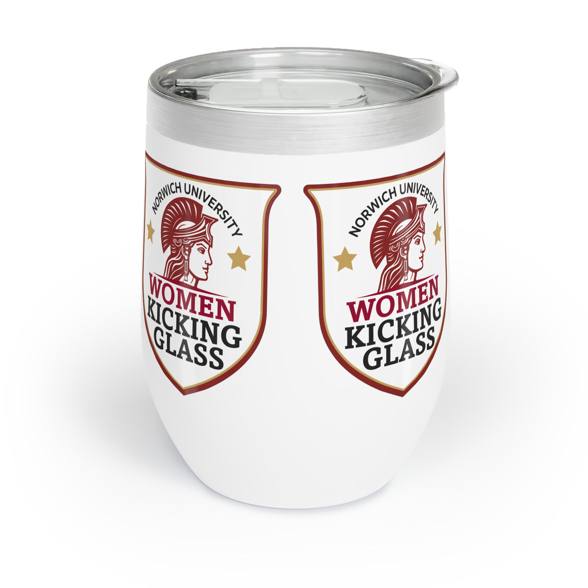 Norwich University Women Kicking Glass Wine Tumbler – 12 oz Insulated Stemless | WKG Shield