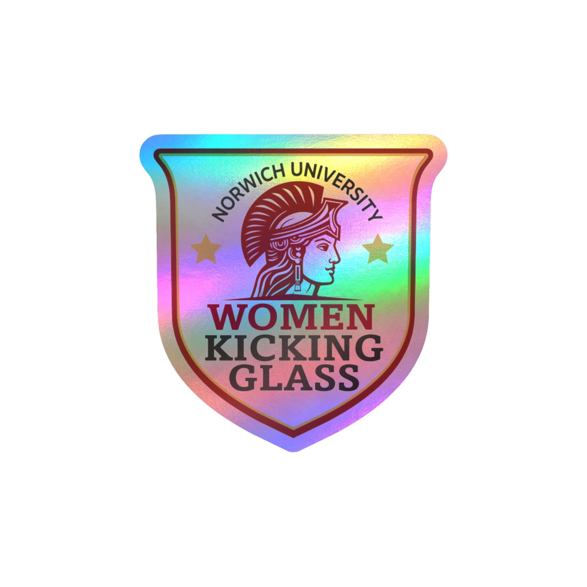 Norwich University Women Kicking Glass Shield Vinyl Sticker — WKG Kiss-Cut Decal | Satin, Glossy, Clear & Holographic