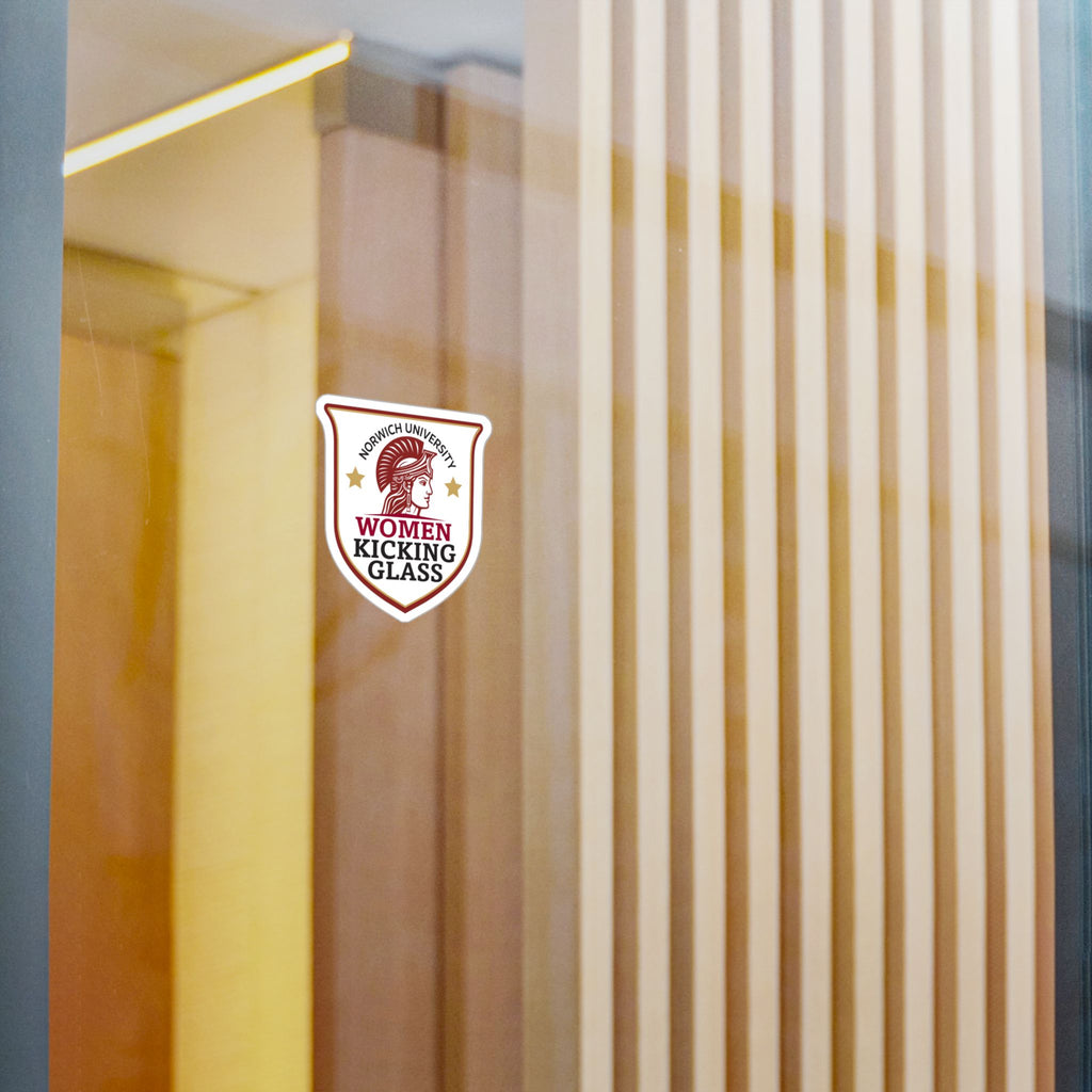 Norwich University Women Kicking Glass Shield Vinyl Sticker — WKG Kiss-Cut Decal | Satin, Glossy, Clear & Holographic
