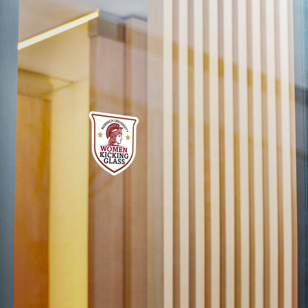 Norwich University Women Kicking Glass Shield Vinyl Sticker — WKG Kiss-Cut Decal | Satin, Glossy, Clear & Holographic