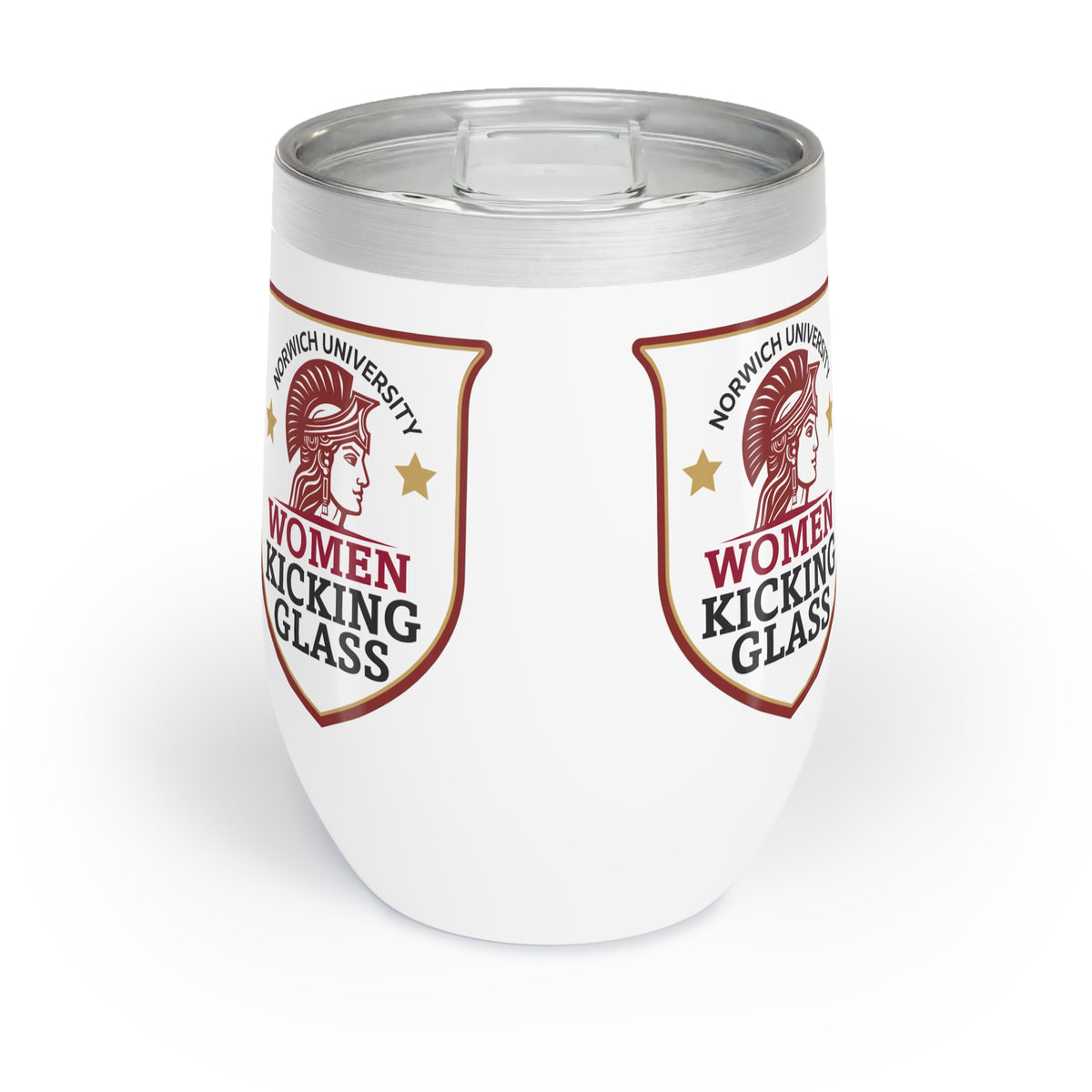 Norwich University Women Kicking Glass Wine Tumbler – 12 oz Insulated Stemless | WKG Shield