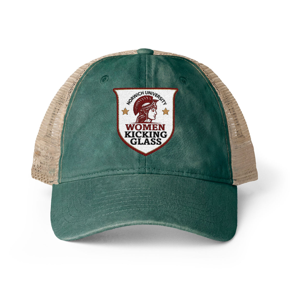 Women Kicking Glass Embroidered Washed Mesh-Back Cap