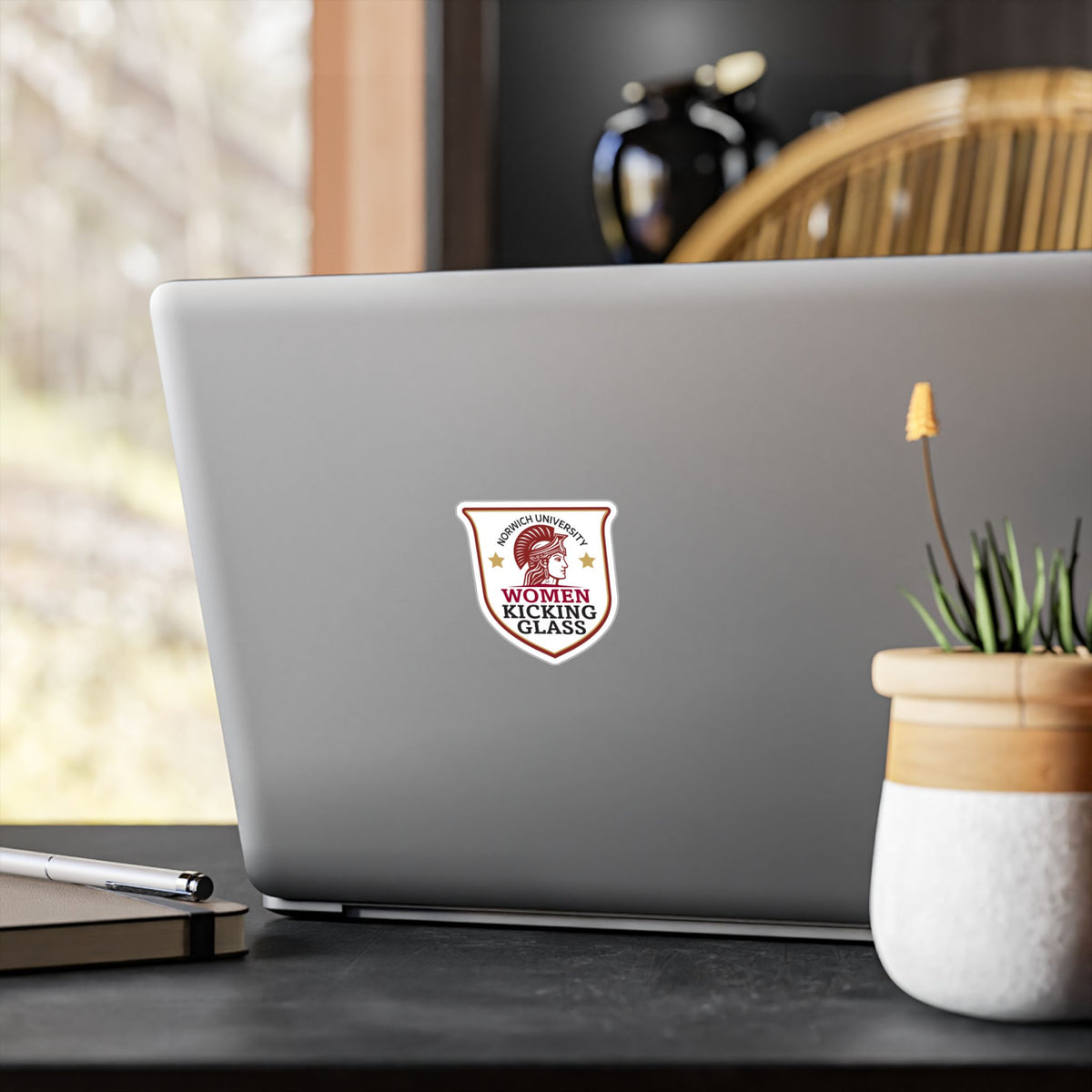 Norwich University Women Kicking Glass Shield Vinyl Sticker — WKG Kiss-Cut Decal | Satin, Glossy, Clear & Holographic