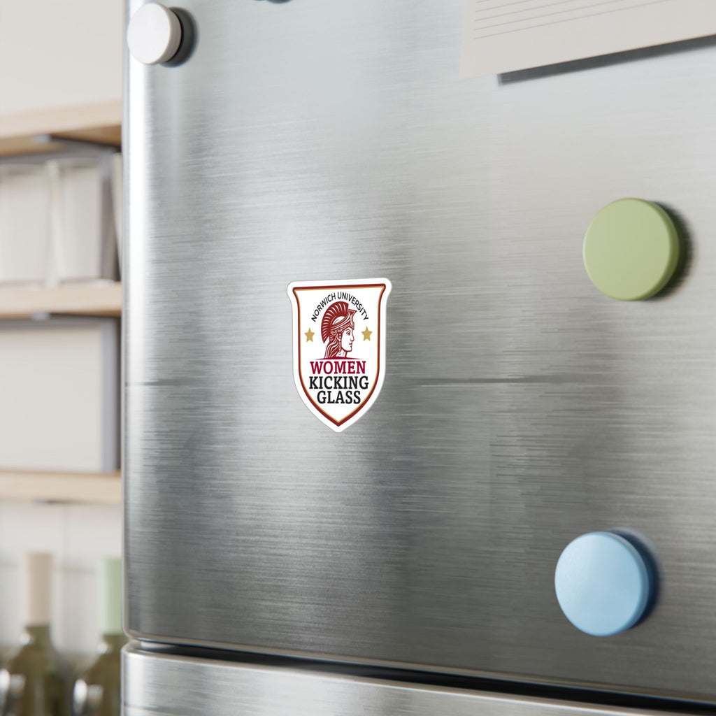 Norwich University Women Kicking Glass Shield Vinyl Sticker — WKG Kiss-Cut Decal | Satin, Glossy, Clear & Holographic