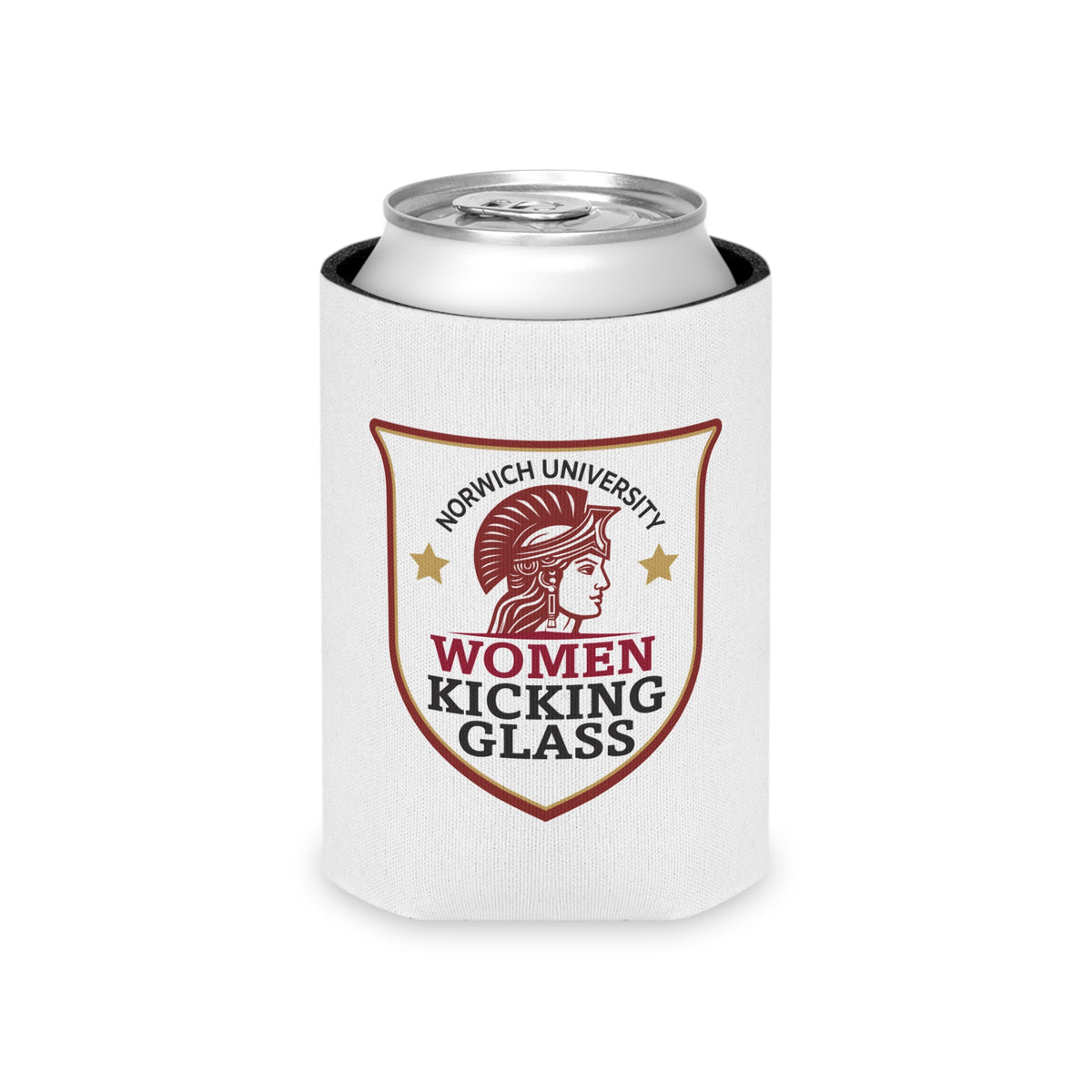 Women Kicking Glass Can Cooler — Norwich University Shield Koozie