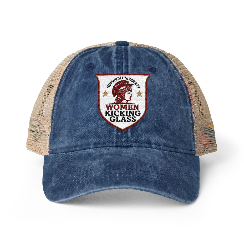 Women Kicking Glass Embroidered Washed Mesh-Back Cap