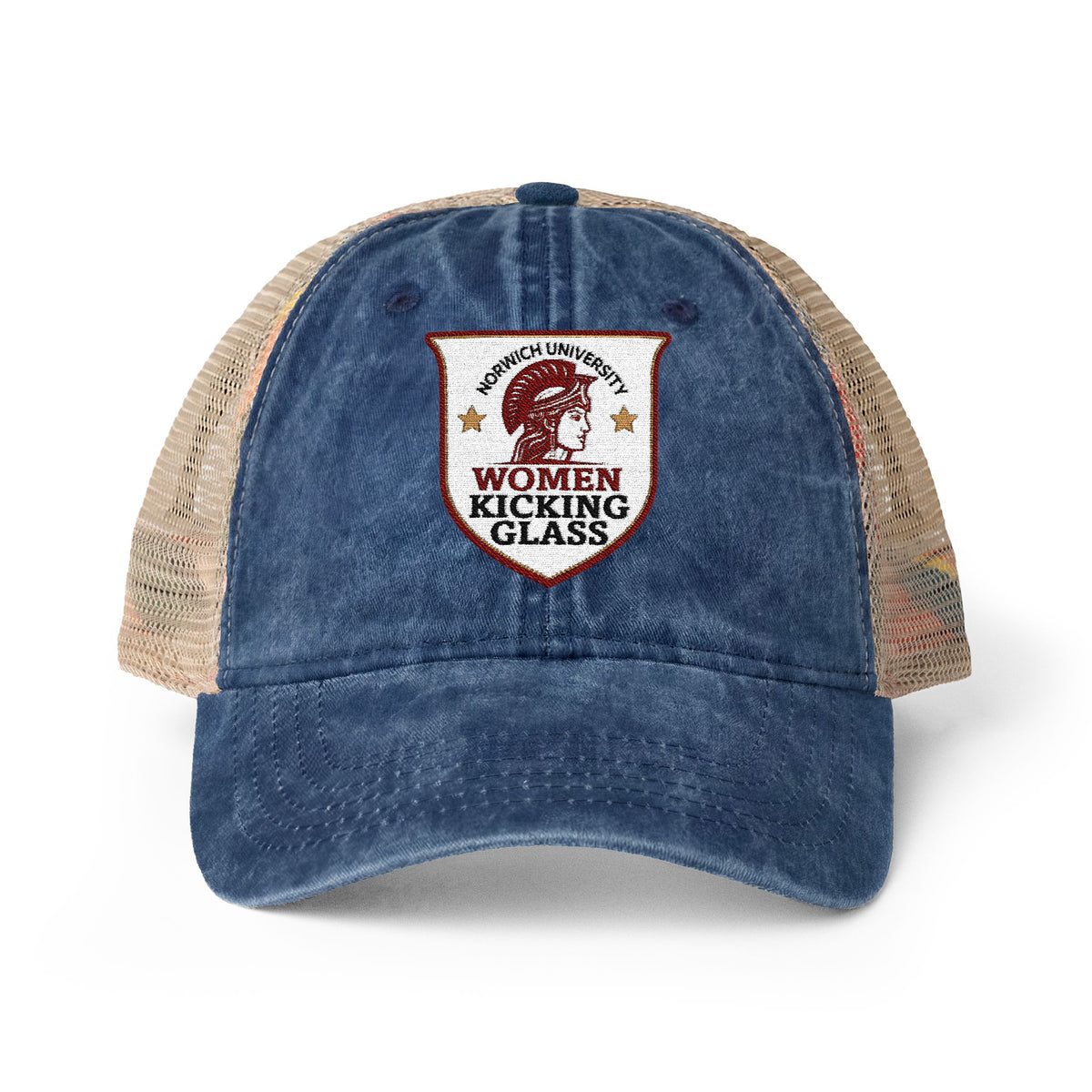 Women Kicking Glass Embroidered Washed Mesh-Back Cap
