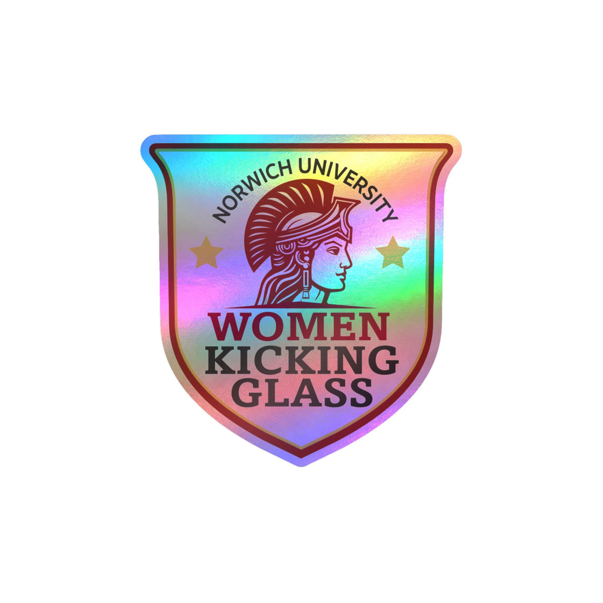 Norwich University Women Kicking Glass Shield Vinyl Sticker — WKG Kiss-Cut Decal | Satin, Glossy, Clear & Holographic