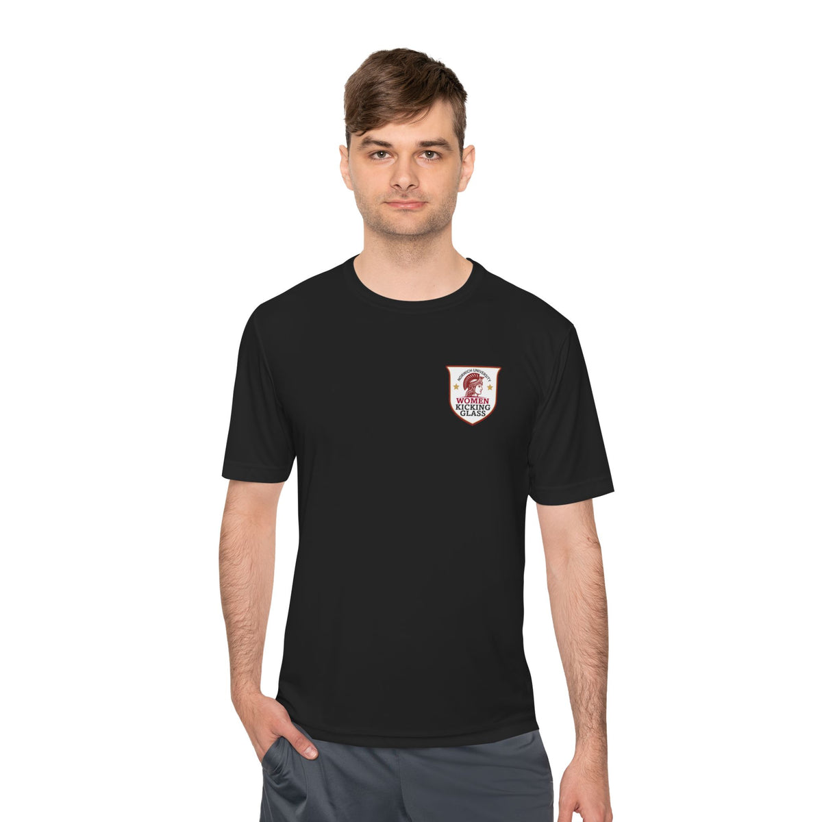 Women Kicking Glass Performance Tee – WKG Shield | Norwich University Moisture-Wicking T-Shirt