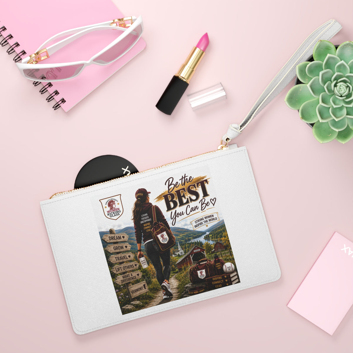 Women Kicking Glass Motivational Wristlet Clutch — Travel & Adventure