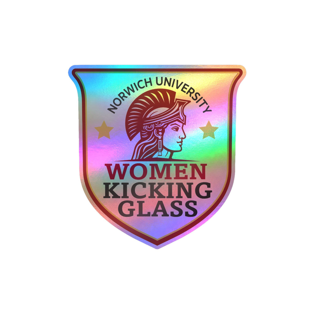 Norwich University Women Kicking Glass Shield Vinyl Sticker — WKG Kiss-Cut Decal | Satin, Glossy, Clear & Holographic